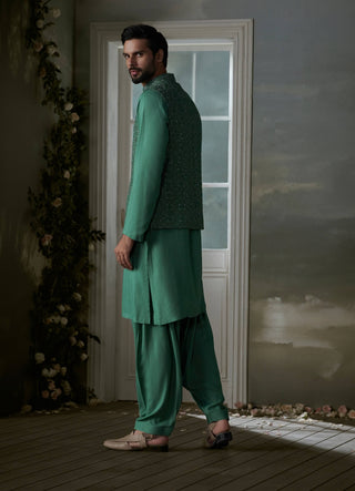 Histori By Amit Gujral Forest Green Embroidered Bundi And Kurta Set available on indiaspopup