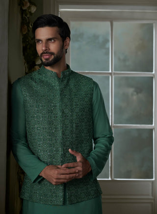 Histori By Amit Gujral Forest Green Embroidered Bundi And Kurta Set available on indiaspopup