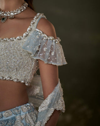 Powder blue white trail lehenga choli set