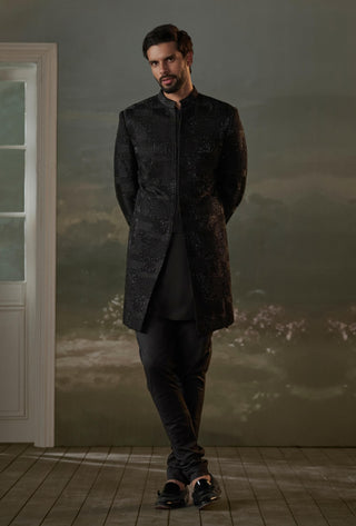 Histori By Amit Gujral Black Short Raw Silk Sherwani Set available on indiaspopup