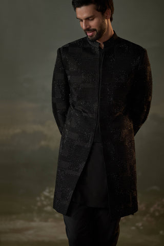 Histori By Amit Gujral Black Short Raw Silk Sherwani Set available on indiaspopup