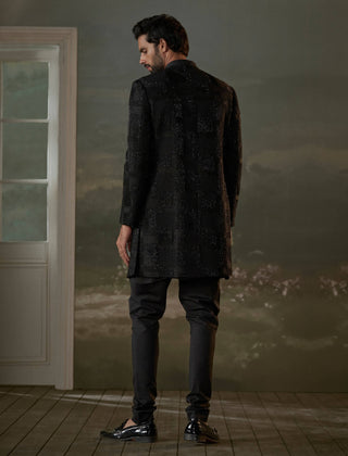 Histori By Amit Gujral Black Short Raw Silk Sherwani Set available on indiaspopup