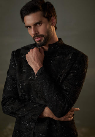 Histori By Amit Gujral Black Short Raw Silk Sherwani Set available on indiaspopup