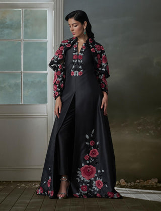 Black embroidered long dress and jacket set