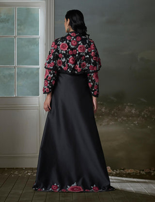 Black embroidered long dress and jacket set