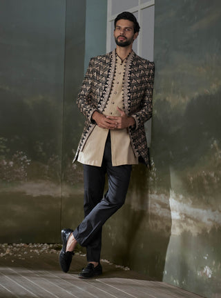 Beige & black printed raw silk jacket and kurta set