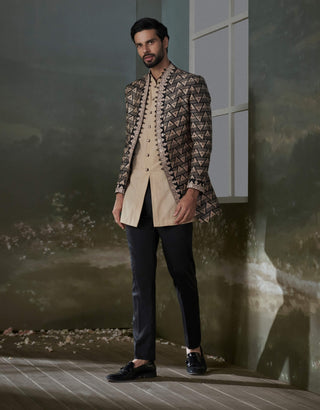 Histori By Amit Gujral Beige & Black Printed Raw Silk Jacket And Kurta Set available on indiaspopup