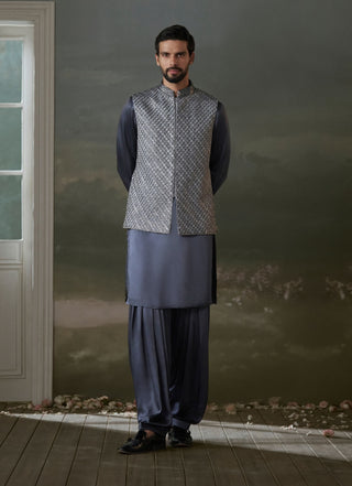 Histori By Amit Gujral Gray Raw Silk Bundi Jacket And Kurta Set available on indiaspopup