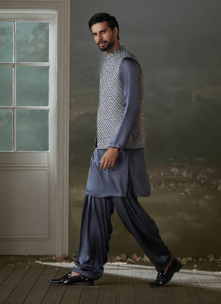 Histori By Amit Gujral Gray Raw Silk Bundi Jacket And Kurta Set available on indiaspopup