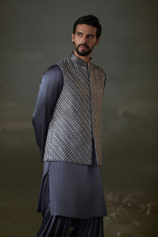 Histori By Amit Gujral Gray Raw Silk Bundi Jacket And Kurta Set available on indiaspopup