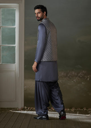 Gray raw silk bundi jacket and kurta set