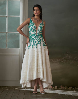 Ivory organza layered assymetrical dress