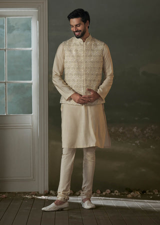 Beige embroidered kurta and bundi jacket set