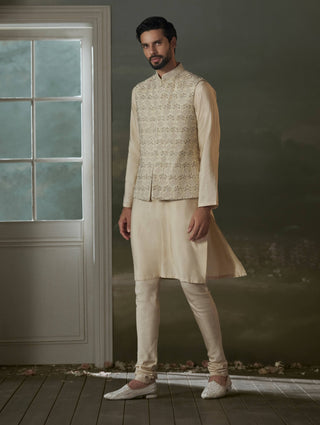 Beige embroidered kurta and bundi jacket set