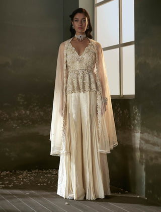 Cream embroidered peplum top and sharara set