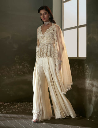 Cream embroidered peplum top and sharara set