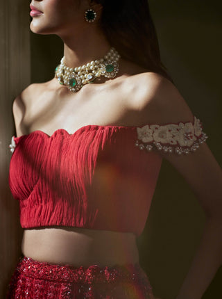 Red skirt with pleated crop top and dupatta