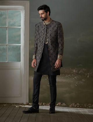 Histori By Amit Gujral Black & Beige Printed Achkan And Kurta Set available on indiaspopup