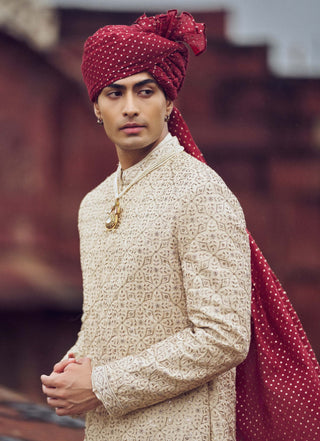 Light Beige Raw Silk Sherwani Set by Nitika Gujral Men available on Indiaspopup.com