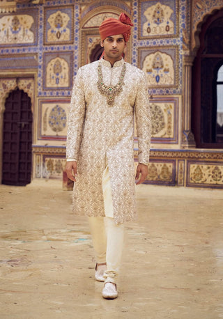 Light Beige Kasab Sherwani Set by Nitika Gujral Men available on Indiaspopup.com