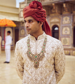 Light Beige Kasab Sherwani Set by Nitika Gujral Men available on Indiaspopup.com