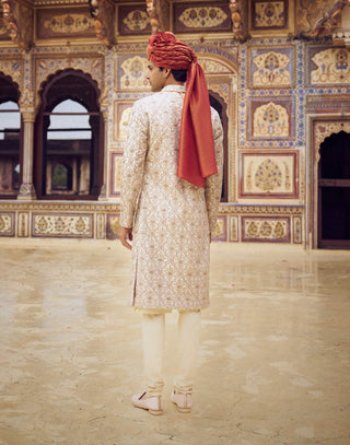 Light Beige Kasab Sherwani Set by Nitika Gujral Men available on Indiaspopup.com