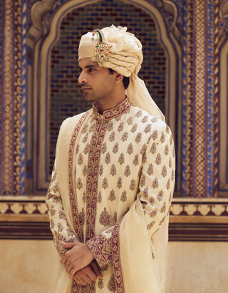 Beige Zardozi Embroidery Sherwani Set by Nitika Gujral Men available on Indiaspopup.com