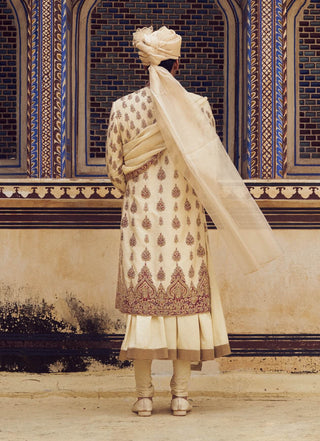 Beige Zardozi Embroidery Sherwani Set by Nitika Gujral Men available on Indiaspopup.com