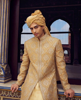 Gold Resham Short Sherwani Set by Nitika Gujral Men available on Indiaspopup.com