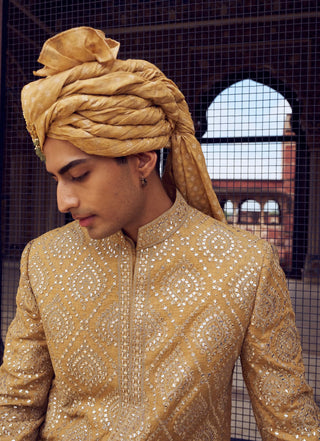 Gold Resham Short Sherwani Set by Nitika Gujral Men available on Indiaspopup.com