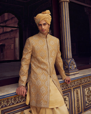 Gold Resham Short Sherwani Set by Nitika Gujral Men available on Indiaspopup.com