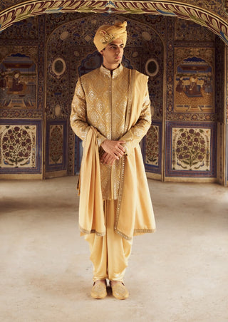 Gold Resham Short Sherwani Set by Nitika Gujral Men available on Indiaspopup.com