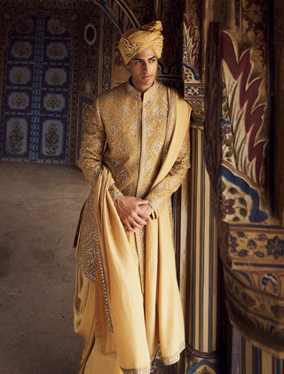 Gold Resham Short Sherwani Set by Nitika Gujral Men available on Indiaspopup.com