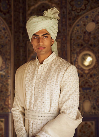 Ivory Geometric Sherwani Set by Nitika Gujral Men available on Indiaspopup.com