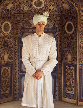 Ivory Geometric Sherwani Set by Nitika Gujral Men available on Indiaspopup.com