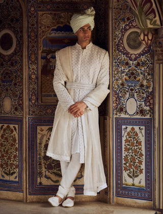 Ivory Geometric Sherwani Set by Nitika Gujral Men available on Indiaspopup.com