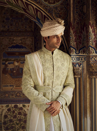 Mint Green Resham Sherwani Set by Nitika Gujral Men available on Indiaspopup.com