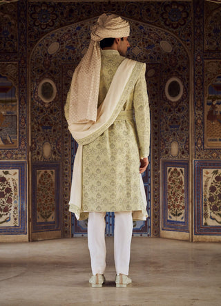 Mint Green Resham Sherwani Set by Nitika Gujral Men available on Indiaspopup.com