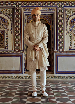 Mushroom Resham Embroidery Sherwani Set by Nitika Gujral Men available on Indiaspopup.com