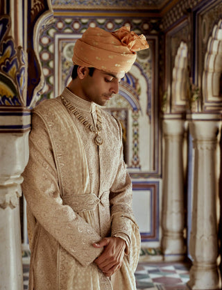 Mushroom Resham Embroidery Sherwani Set by Nitika Gujral Men available on Indiaspopup.com