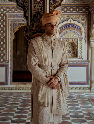 Mushroom Resham Embroidery Sherwani Set by Nitika Gujral Men available on Indiaspopup.com