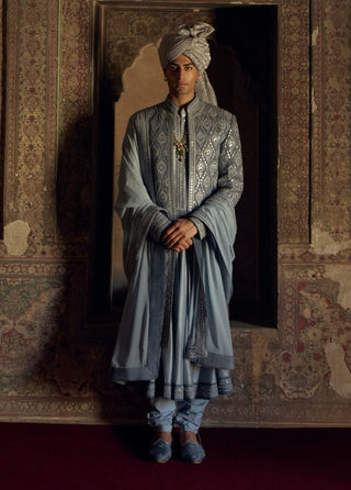 Gray raw silk open sherwani set