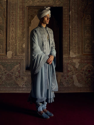 Gray Raw Silk Open Sherwani Set by Nitika Gujral Men available on Indiaspopup.com