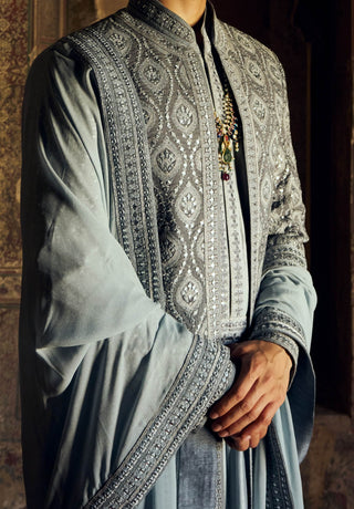 Gray Raw Silk Open Sherwani Set by Nitika Gujral Men available on Indiaspopup.com