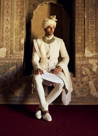 Ivory Tonal Dori Work Sherwani Set by Nitika Gujral Men available on Indiaspopup.com