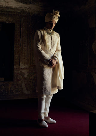 Ivory tonal dori work sherwani set