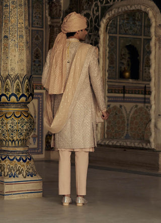 Peach Mirror Work Sherwani Set by Nitika Gujral Men available on Indiaspopup.com