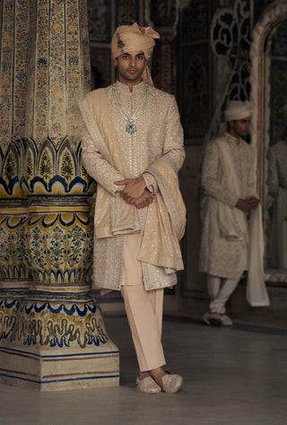 Peach Mirror Work Sherwani Set by Nitika Gujral Men available on Indiaspopup.com