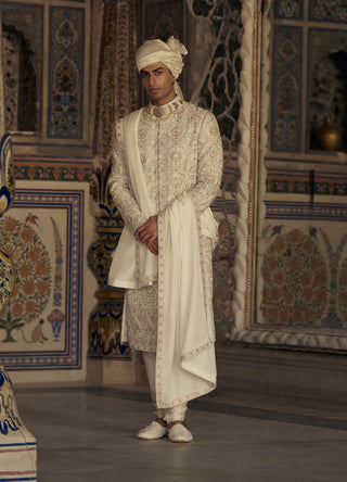 Ivory And Beige Resham Sherwani Set by Nitika Gujral Men available on Indiaspopup.com