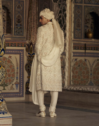 Ivory And Beige Resham Sherwani Set by Nitika Gujral Men available on Indiaspopup.com